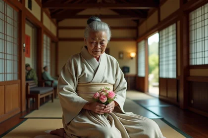 Homme japonais en kimono arrangeant des fleurs dans un ryokan traditionnel