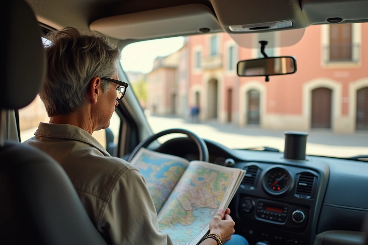 Femme consultant un atlas routier dans un camping-car avec vue sur une place typique de Montauban en arrière-plan