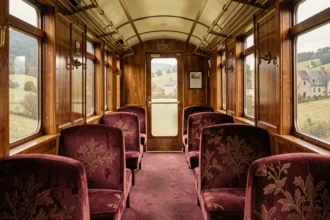 Intérieur luxueux d'un wagon de l'Orient Express avec boiseries en acajou, sièges en velours bordeaux et décor Art déco