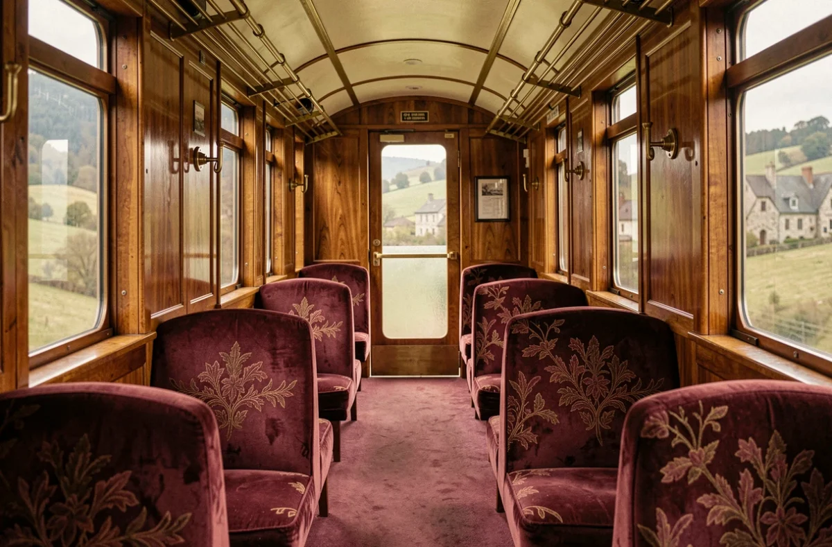 Intérieur luxueux d'un wagon de l'Orient Express avec boiseries en acajou, sièges en velours bordeaux et décor Art déco