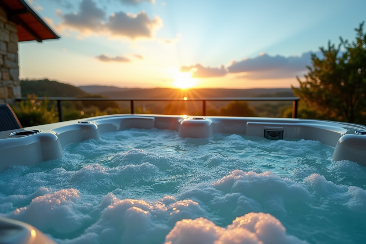 Jacuzzi extérieur sur terrasse en Normandie au coucher du soleil