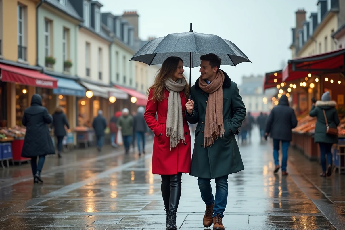 Jeune couple marchant sous un parapluie à Honfleur