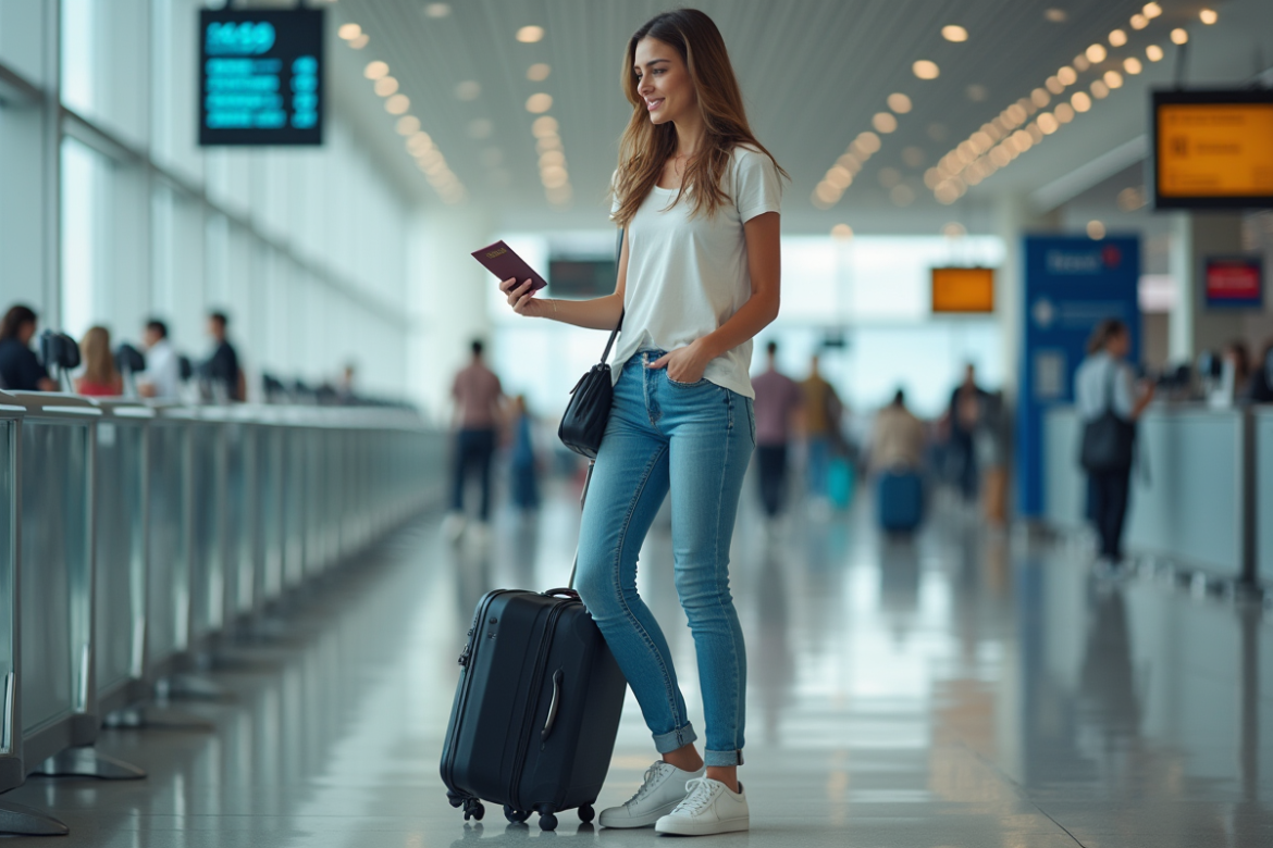 Jeune femme vérifiant son passeport à l'aéroport
