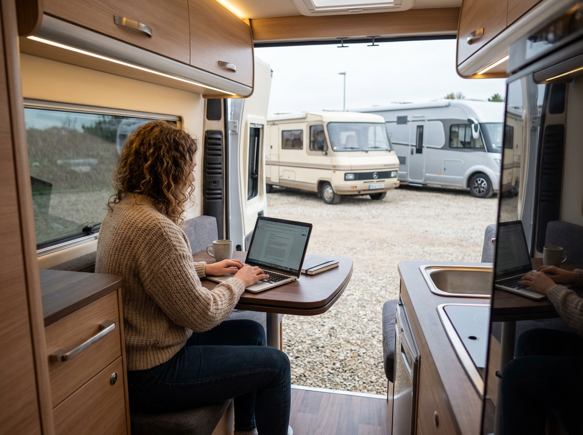 Jeune femme travaillant sur un ordinateur dans un van aménagé