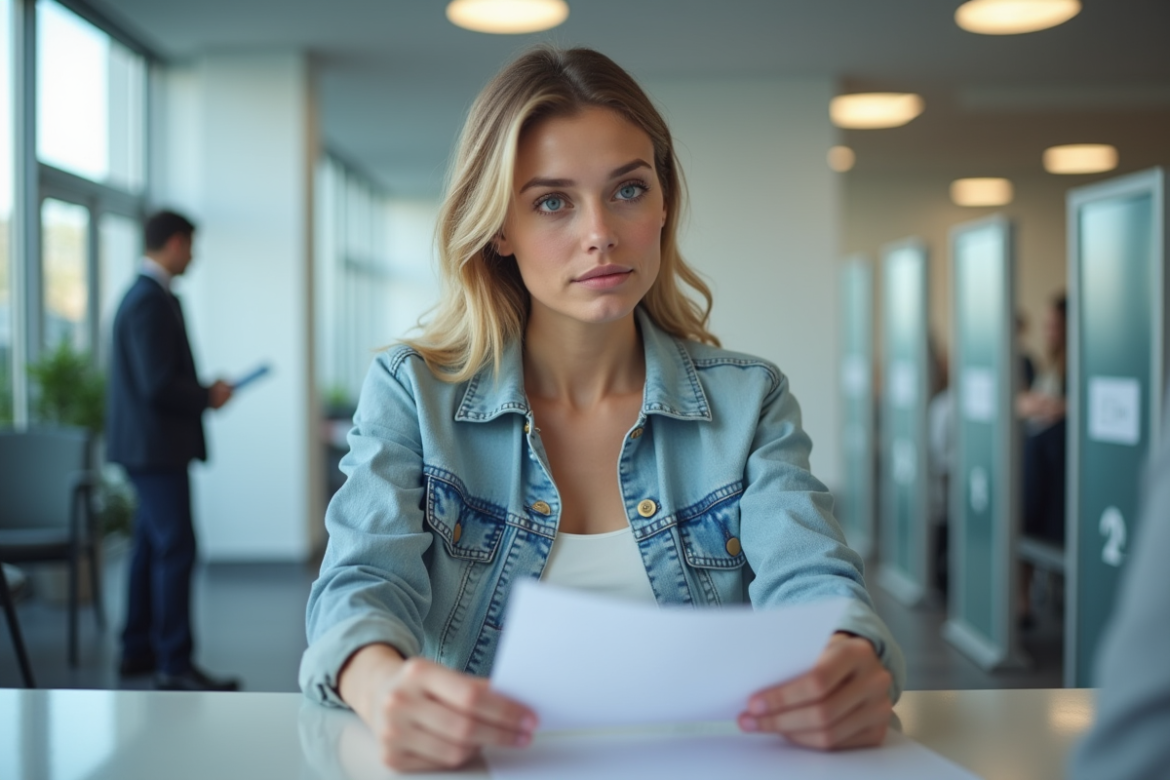 Jeune femme au bureau de passeport lors du dépôt de documents