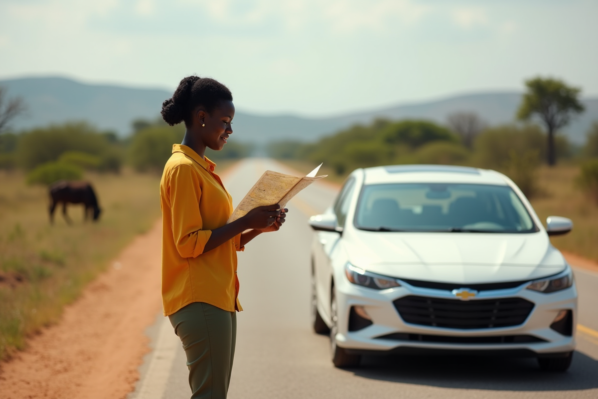 Jeune femme kenyane vérifiant une carte routière en campagne