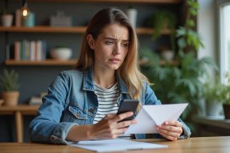 Jeune femme en denim vérifiant une enveloppe à la maison