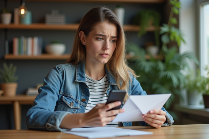 Jeune femme en denim vérifiant une enveloppe à la maison