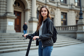 Jeune femme avec scooter devant bâtiment historique