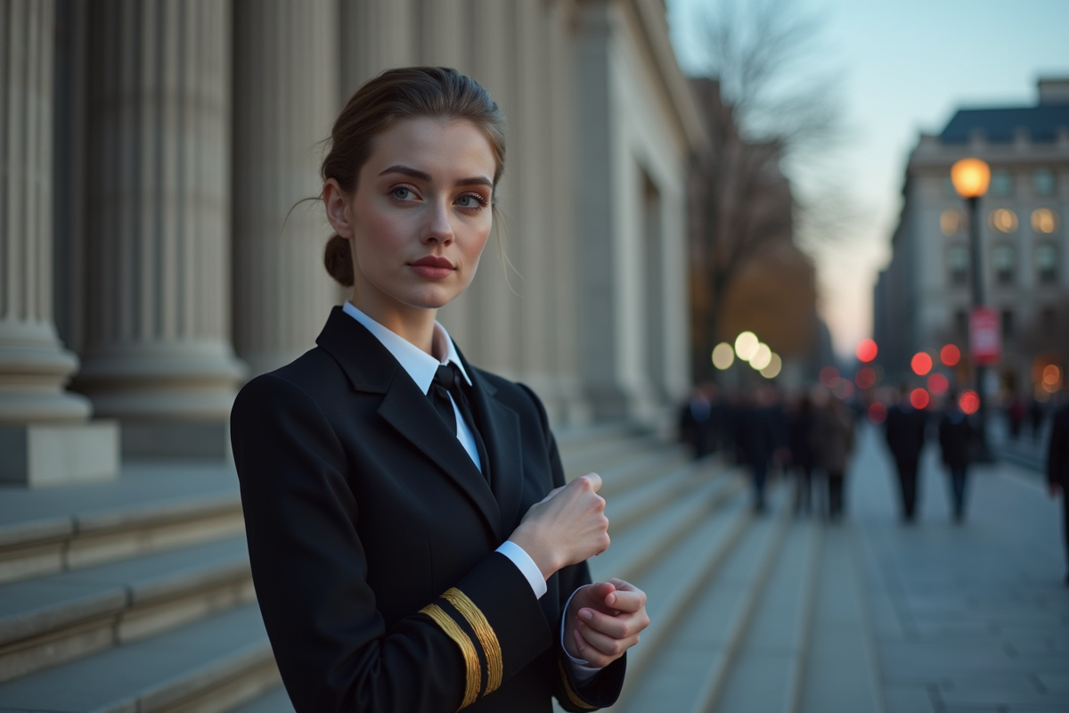 Jeune femme en uniforme de commandant sur les marches