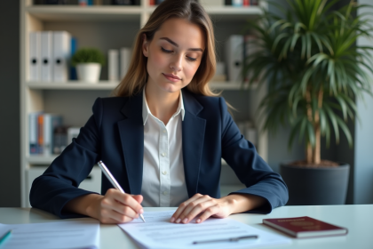 Jeune femme remplissant un formulaire de visa France au bureau