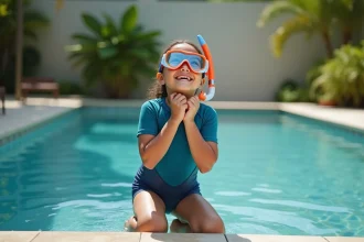 Jeune fille souriante en combinaison près de la piscine