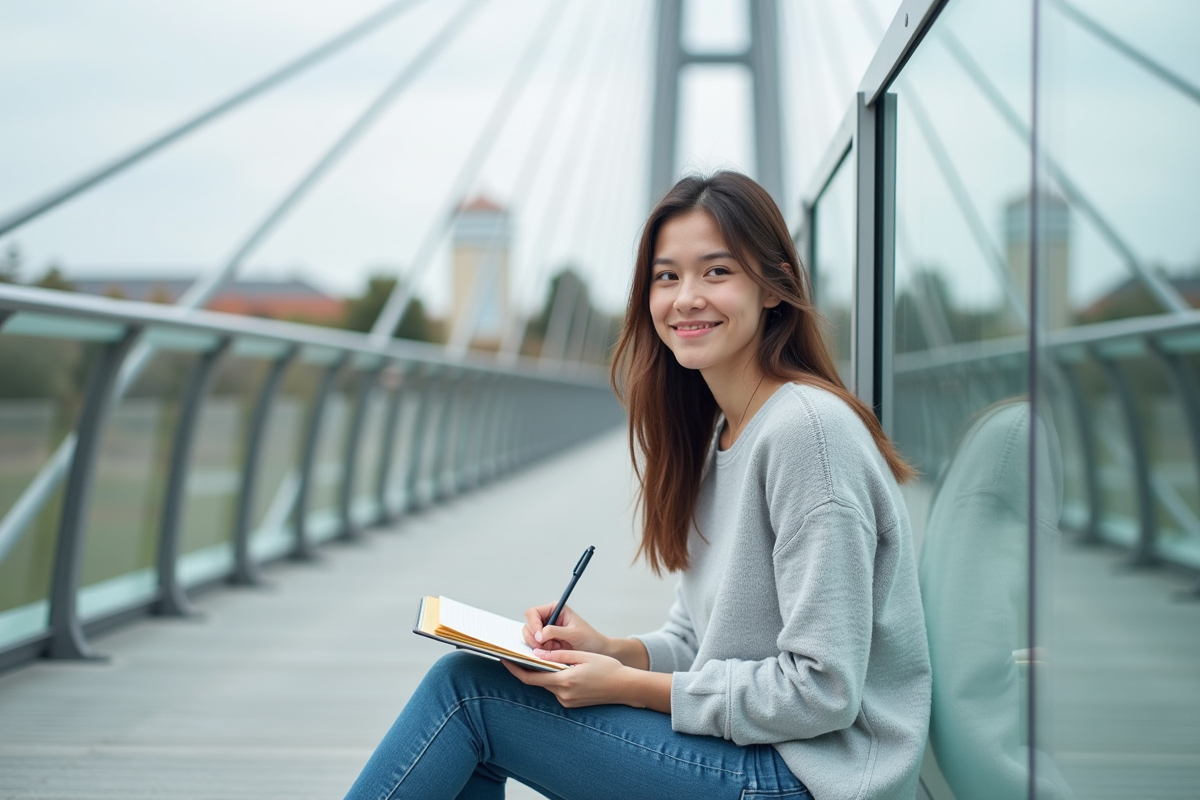 Jeune femme étudiant sur un pont moderne en ville