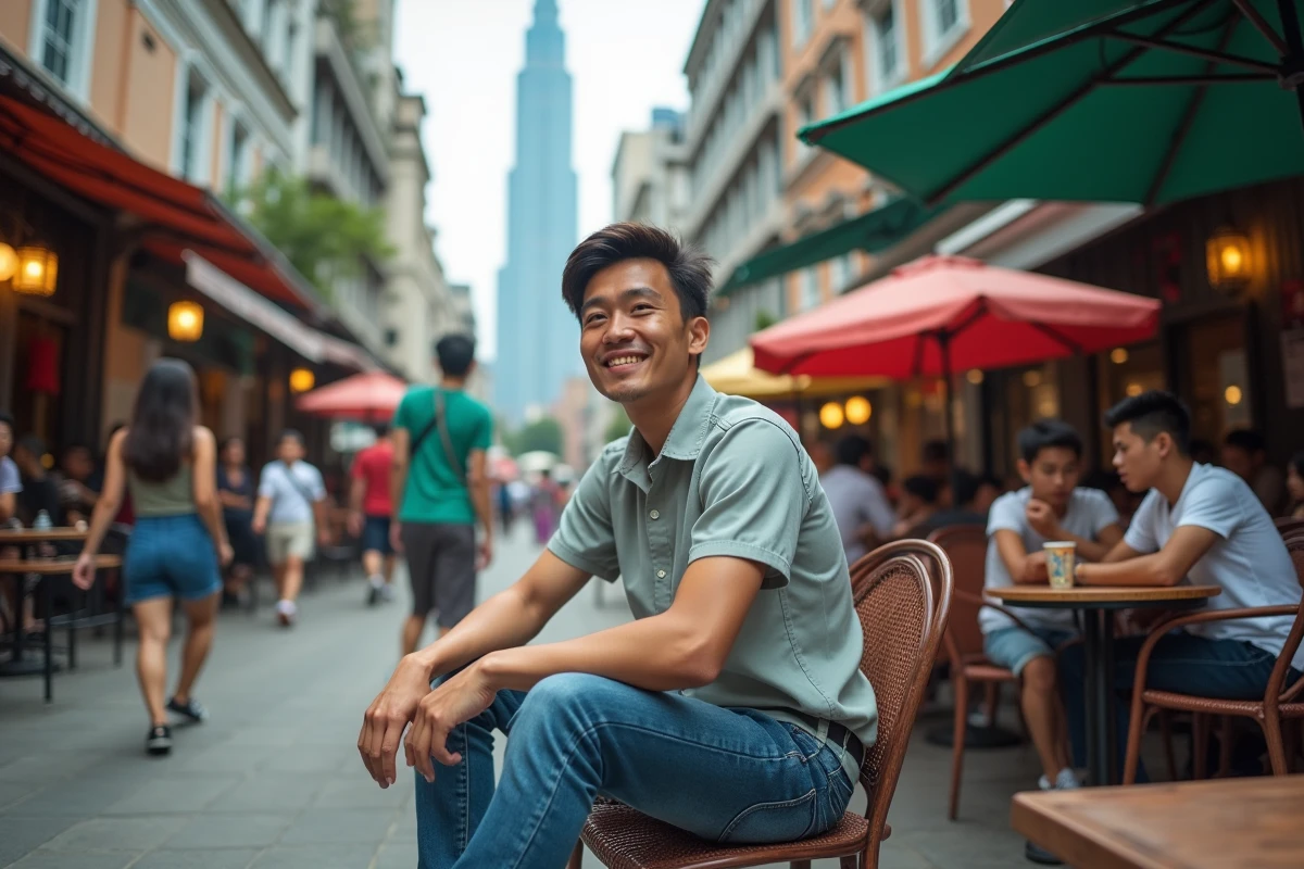 Jeune homme asiatique au café dans la rue de Kuala Lumpur