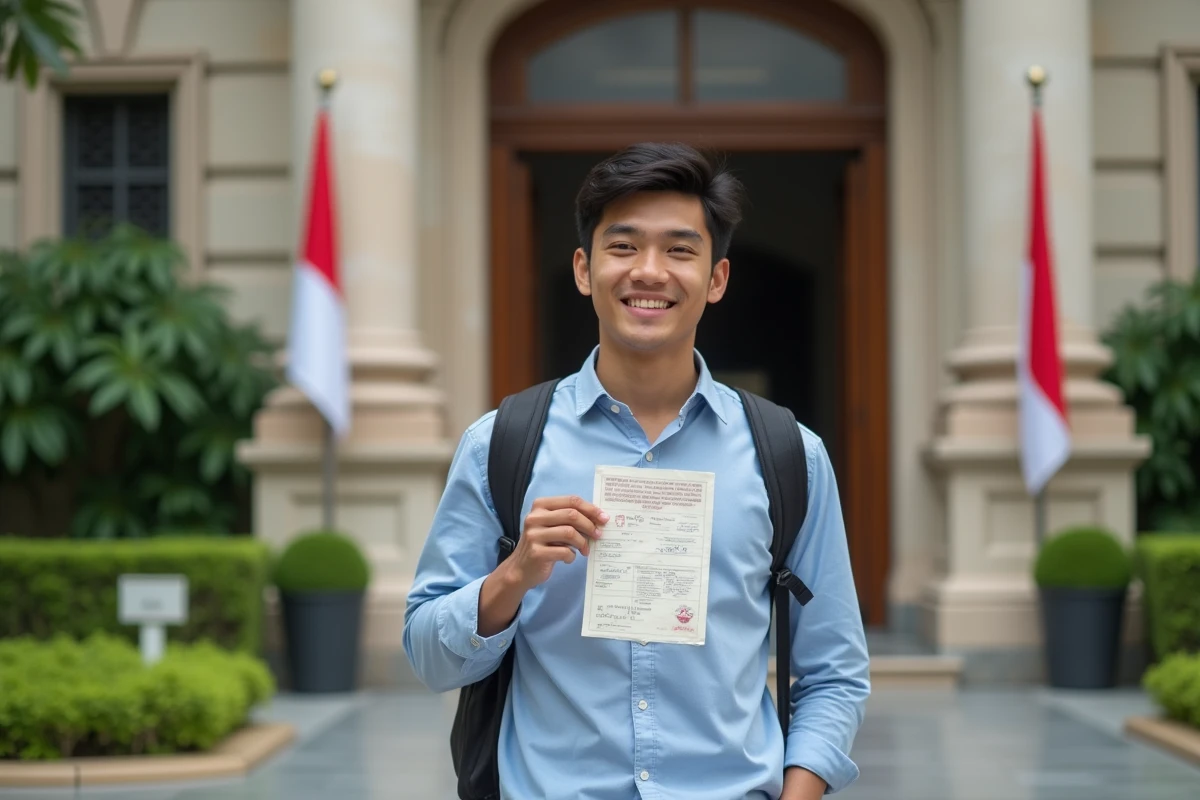 Jeune homme avec visa devant l