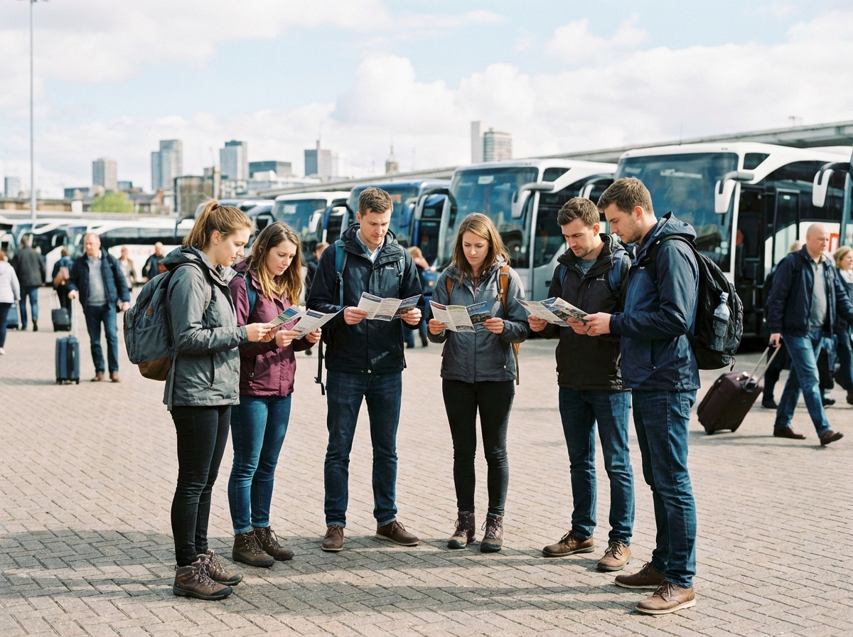 Jeunes examinant brochures de transport en plein air