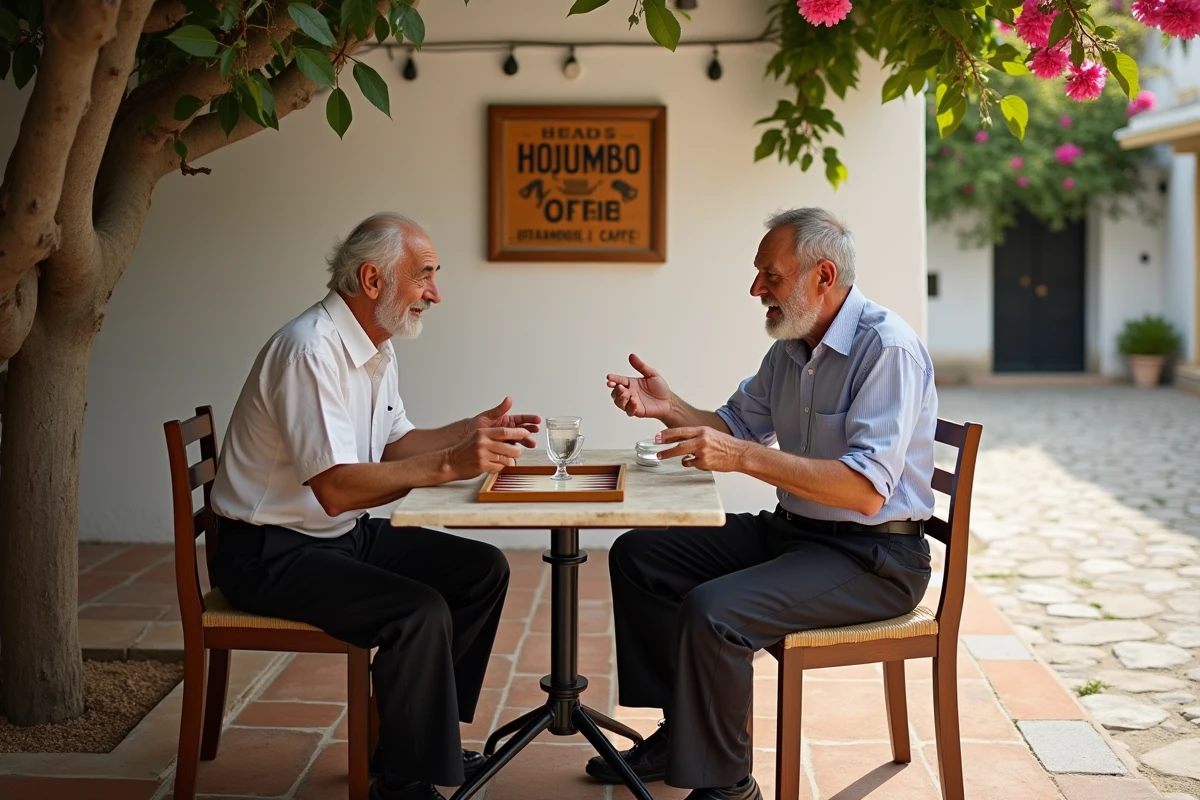 Deux hommes âgés jouant au tavli et buvant un café grec sur une terrasse traditionnelle à Areopoli dans le Magne