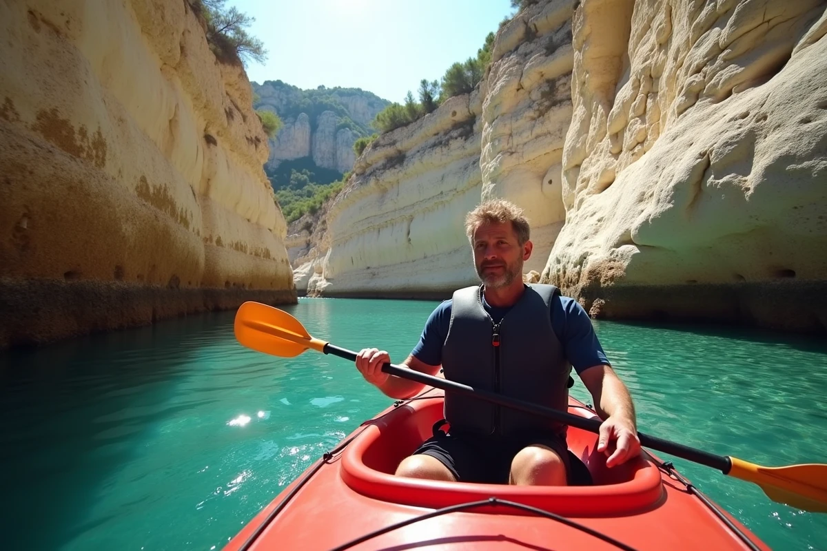 Homme en kayak rouge explorant un étroit couloir rocheux des calanques de Cassis par eau turquoise transparente