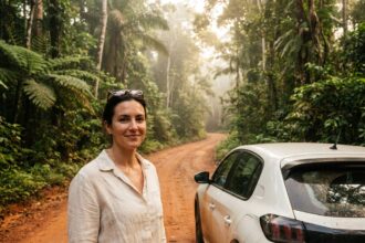 Femme debout à côté d'une voiture de location blanche sur une route en latérite rouge en Guyane française, entourée de végétation tropicale dense