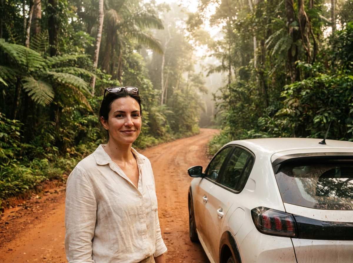 Femme debout à côté d'une voiture de location blanche sur une route en latérite rouge en Guyane française, entourée de végétation tropicale dense