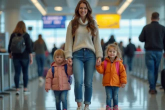 Maman avec ses enfants dans un aéroport de New York