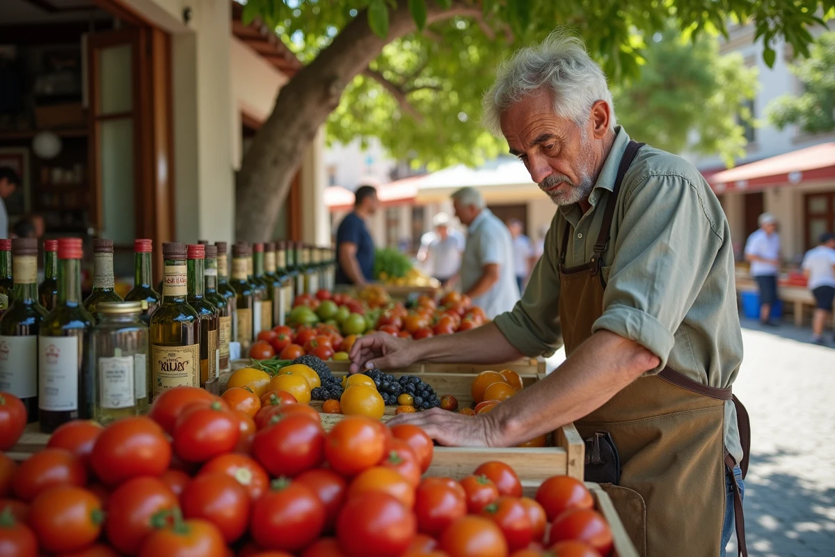 Marché local en plein air à Skopelos avec fruits et légumes frais pour voyager à petit budget