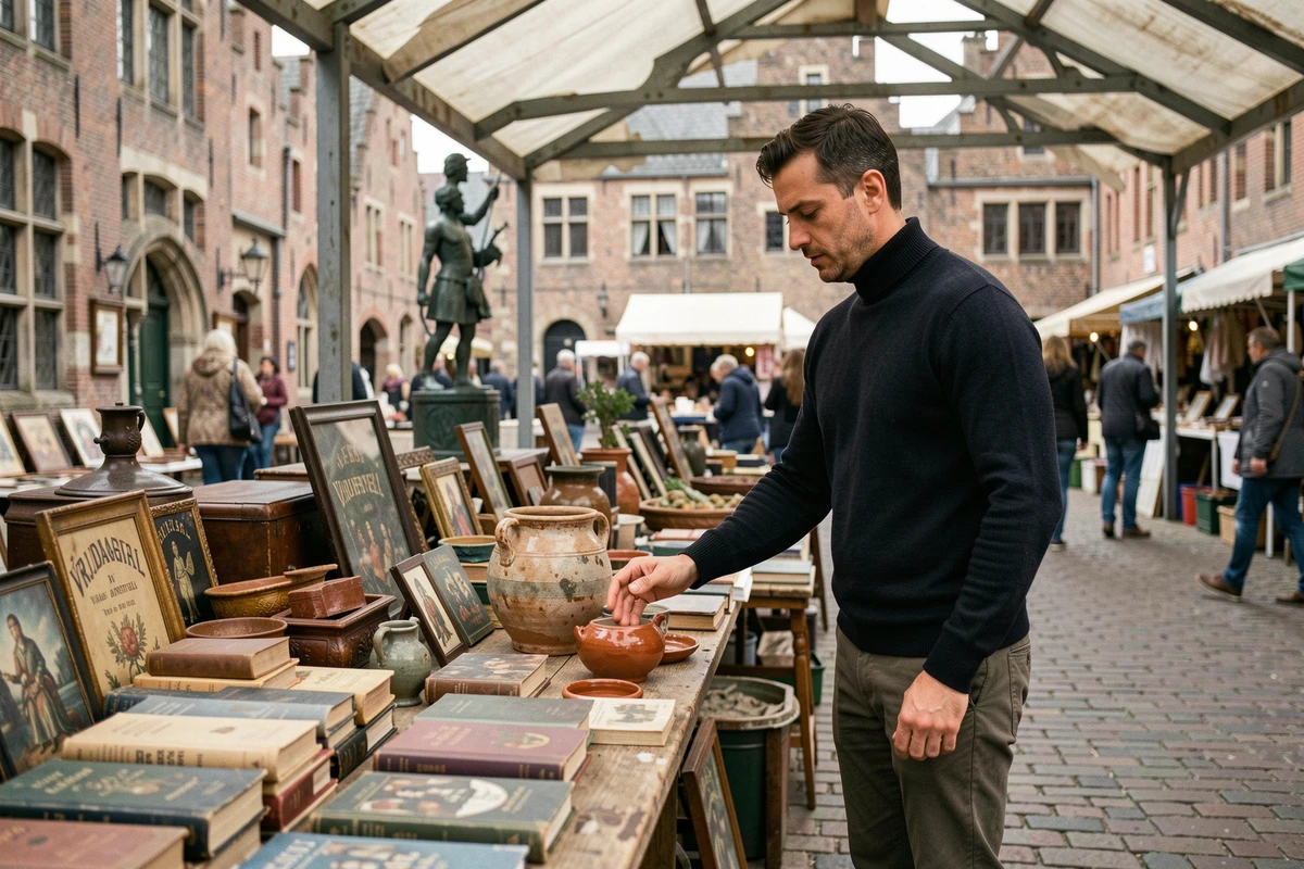 Homme parcourant les étals d'un marché aux puces sur la Vrijdagmarkt de Gand entouré d'antiquités flamandes