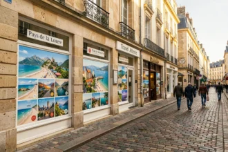 Vue d'une rue commerçante des Pays de la Loire avec plusieurs agences de voyages aux vitrines colorées