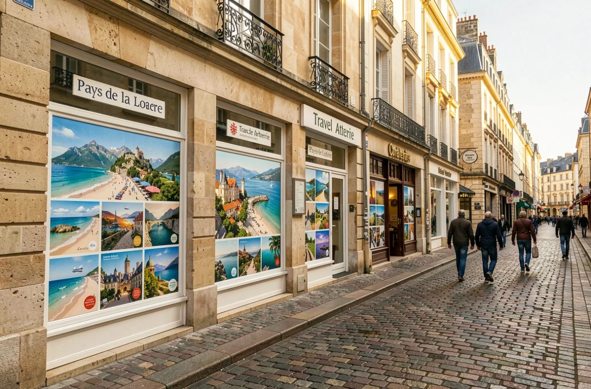 Vue d'une rue commerçante des Pays de la Loire avec plusieurs agences de voyages aux vitrines colorées