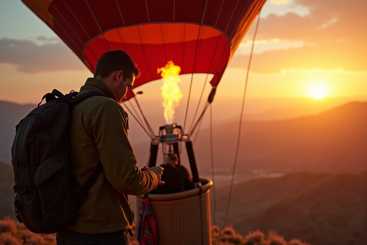 Pilote de montgolfiere vérifiant la sécurité au lever du soleil