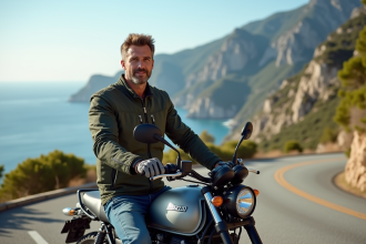 Motard en veste textile sur une route côtière en Corse