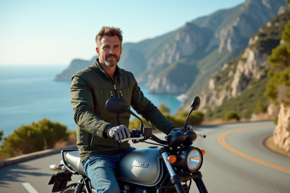 Motard en veste textile sur une route côtière en Corse