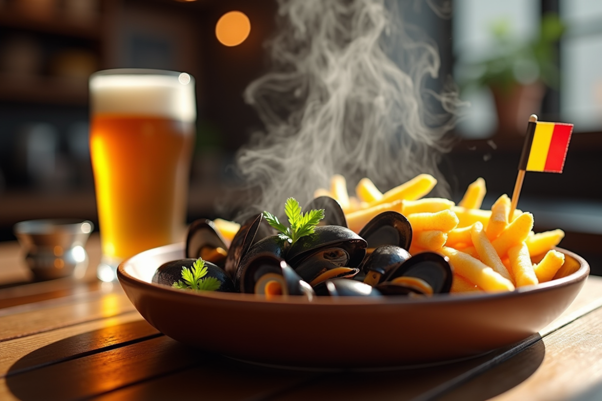 Plat de moules frites traditionnelles belges dans un bistrot