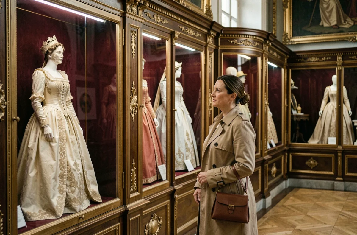Visitatrice contemplant les robes impériales au musée Sisi dans le Palais de la Hofburg à Vienne