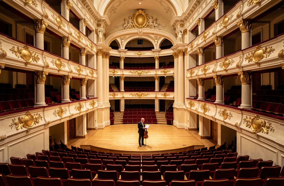 Salle dorée du Musikverein de Vienne avec un musicien sur scène tenant un violon