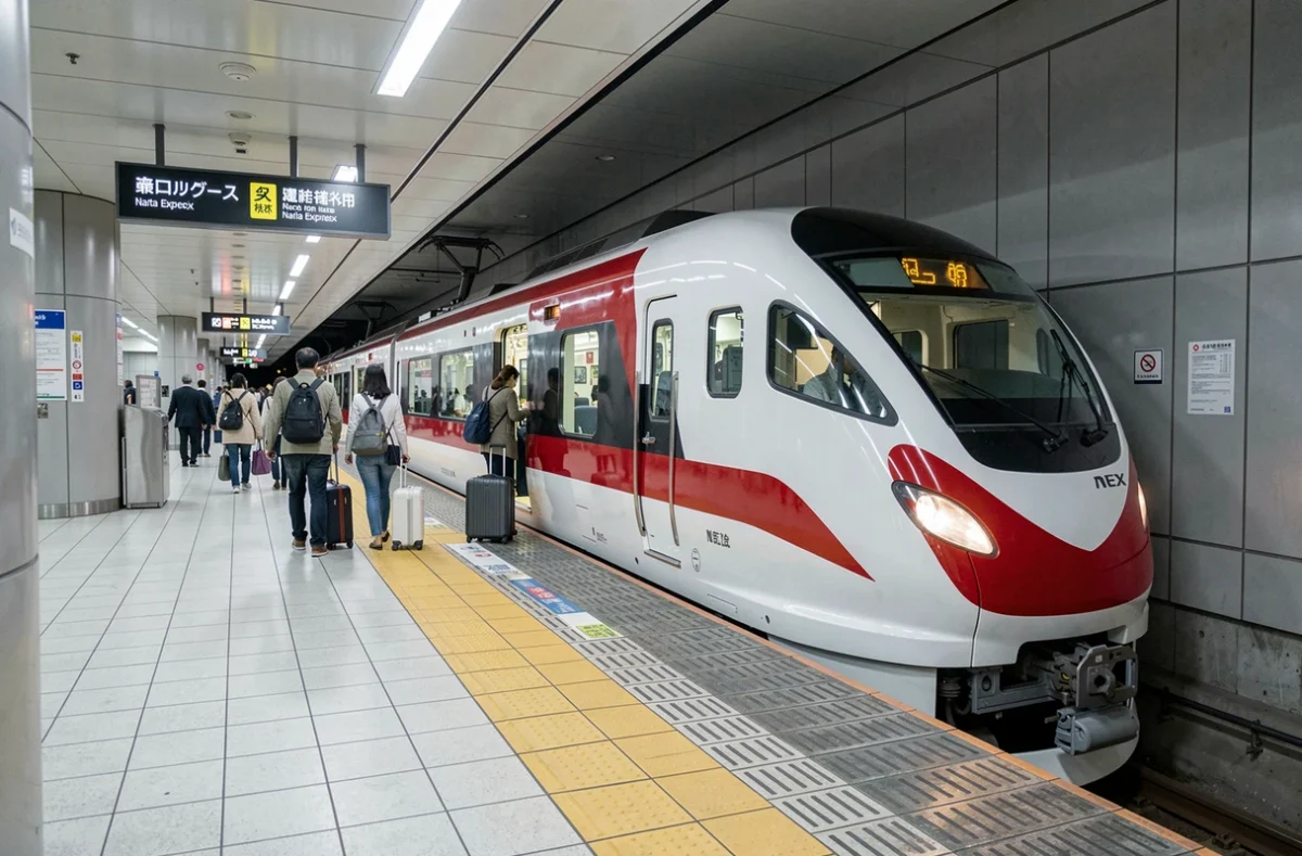 Train Narita Express NEX en gare de l'aéroport de Narita avec des passagers embarquant leurs bagages