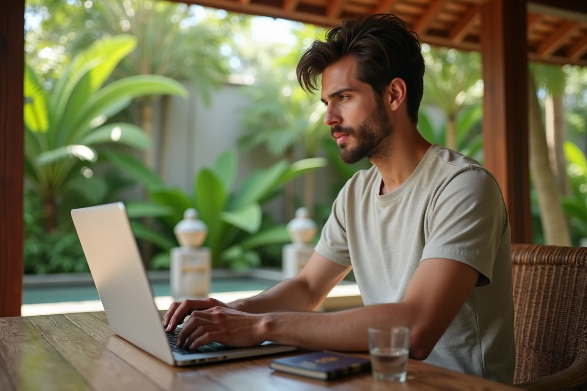 Nomade numérique français travaillant depuis une villa à Bali avec décalage horaire