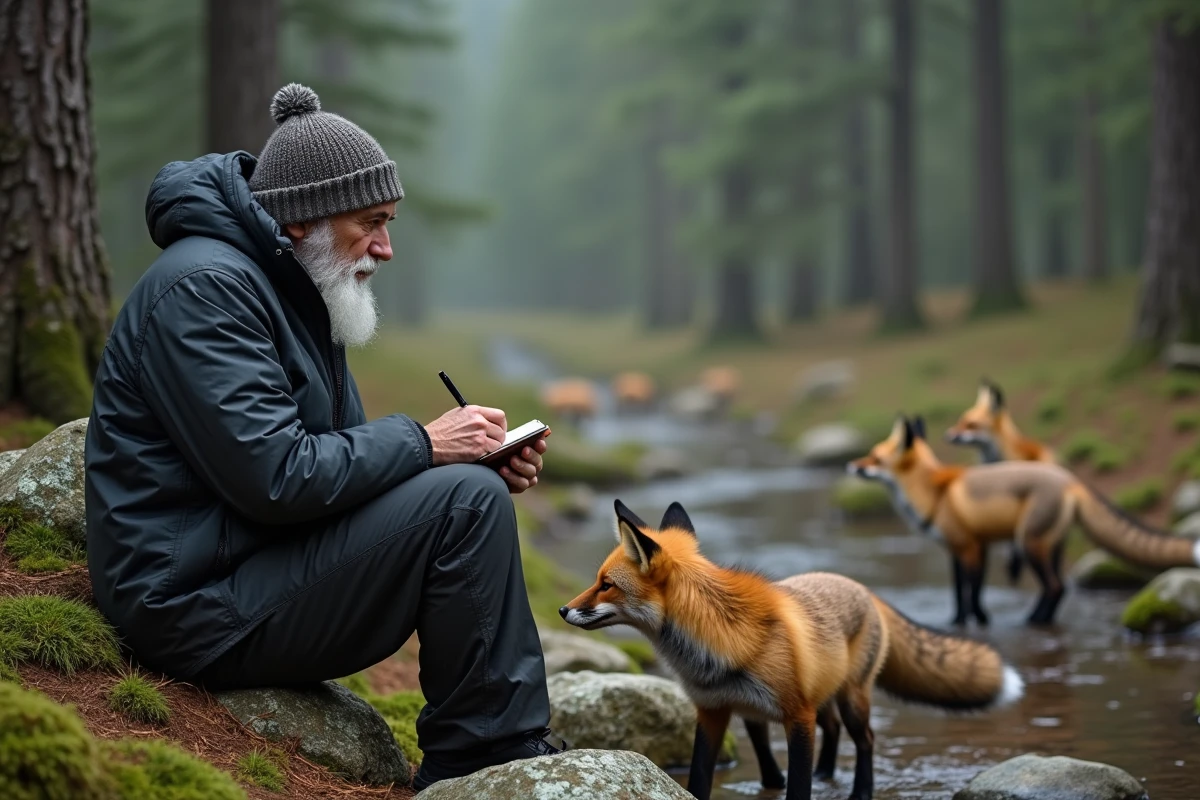 Homme observant des renards dans une forêt dense avec un carnet