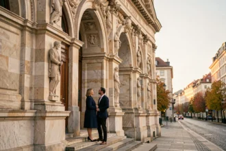 Façade néoclassique de l'Opéra de Vienne avec un couple élégant sur les marches en automne