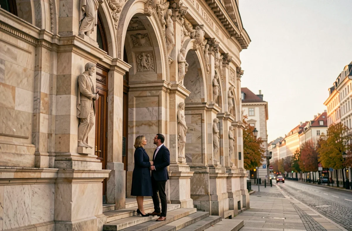 Façade néoclassique de l'Opéra de Vienne avec un couple élégant sur les marches en automne