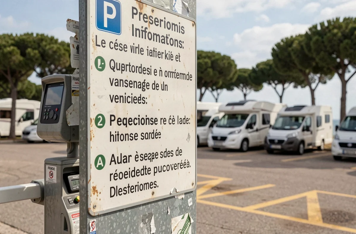 Panneau de signalisation d'un parking pour camping-cars près de l'embarcadère de Porquerolles avec barrière d'accès