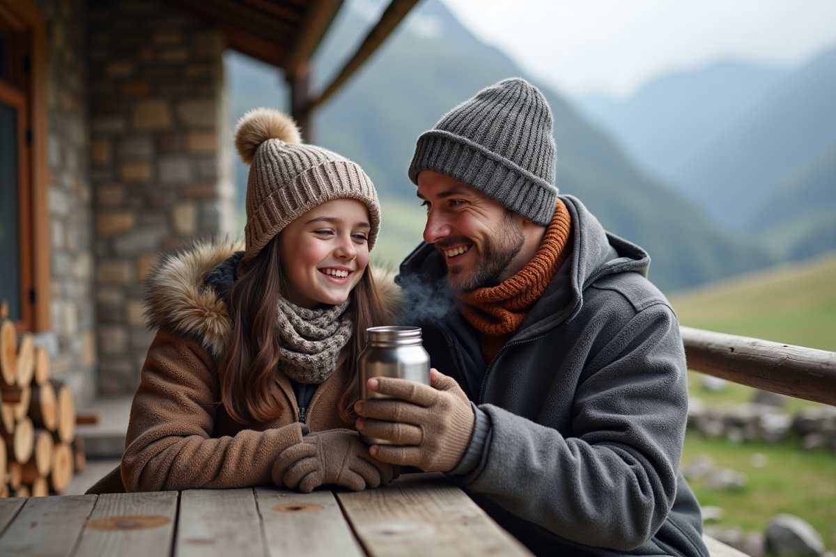 Père et fille assis sur un banc en montagne partageant une boisson chaude