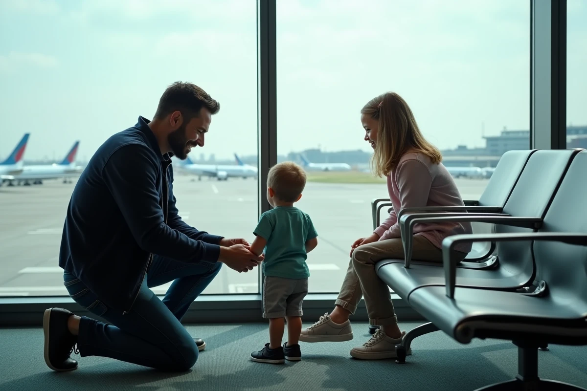 Père aidant son enfant à lacer ses chaussures à l