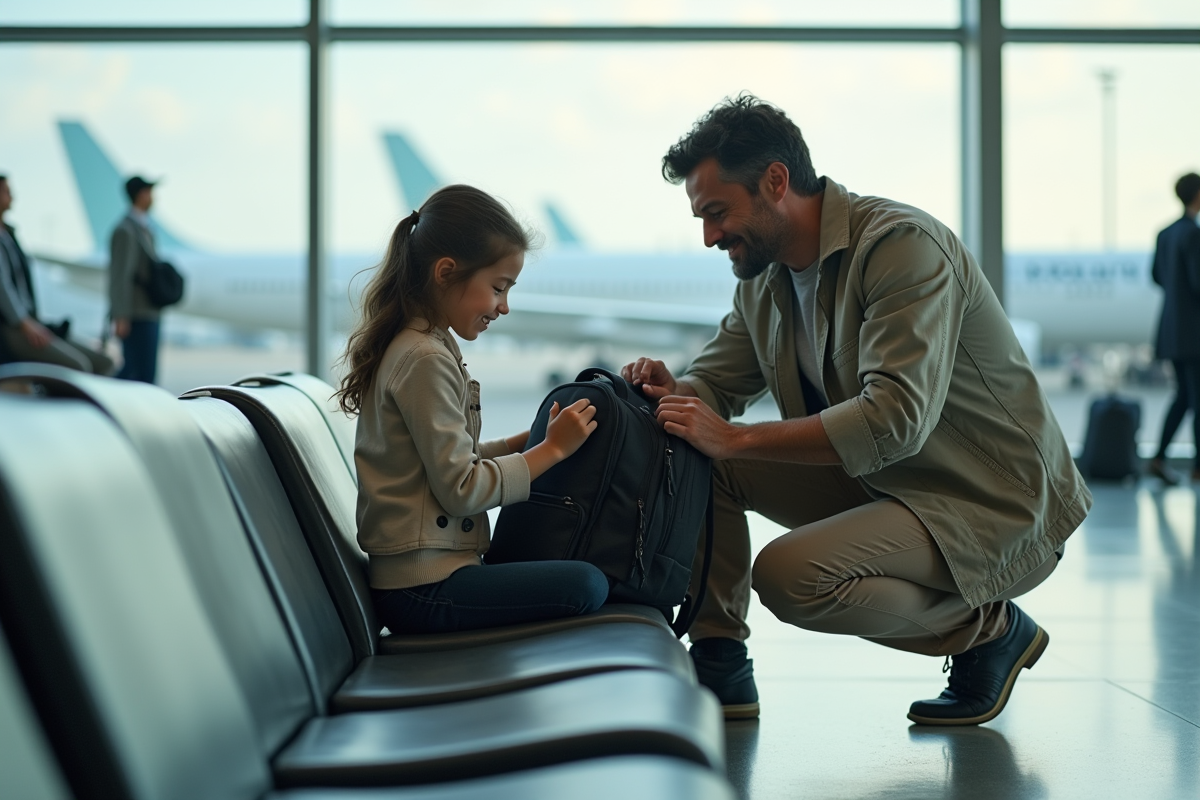 Père et fille réorganisant un sac à l
