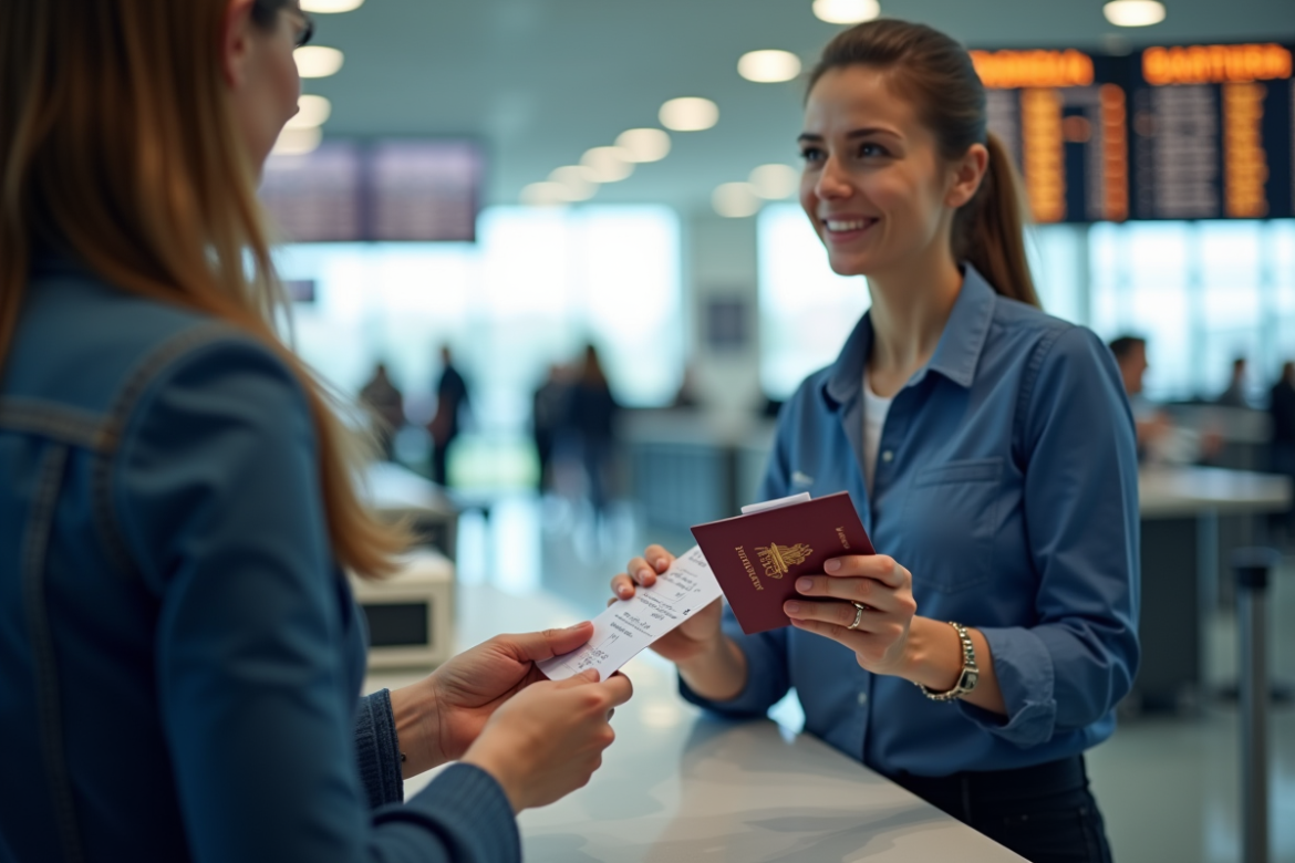 Personne à l'aéroport remettant son passeport et billet