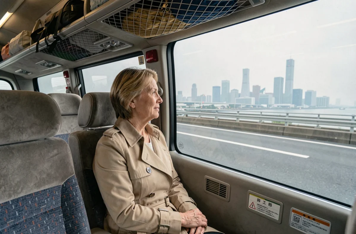 Passagère dans un bus limousine d'aéroport en route vers Tokyo depuis Narita avec vue sur la ville
