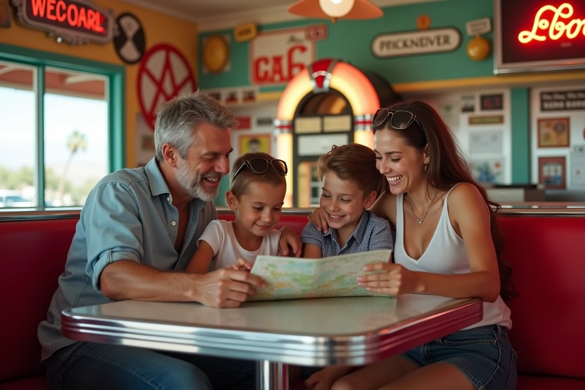 Famille faisant une pause déjeuner dans un diner américain rétro sur la route entre Los Angeles et Las Vegas