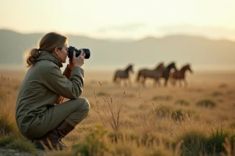 Photographe en pleine nature capturant des chevaux sauvages au lever du jour