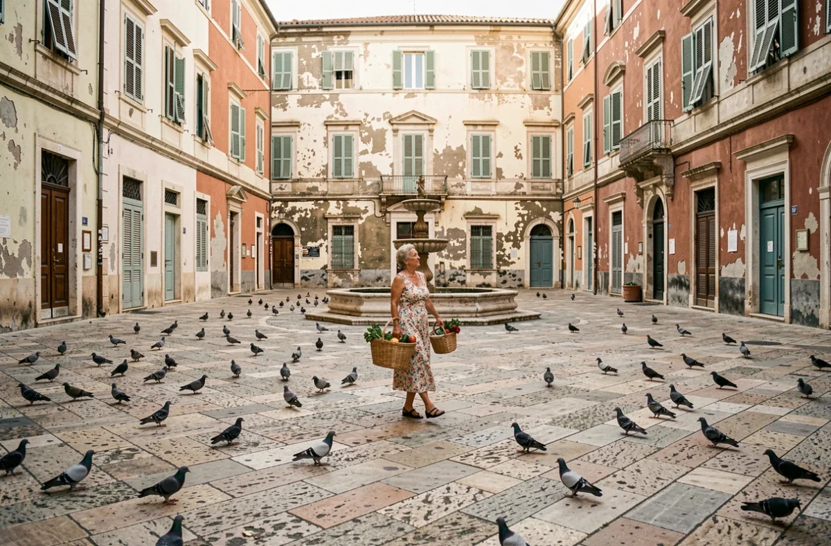 Piazza principale de Corleone déserte le matin avec une femme traversant la place historique pavée en Sicile