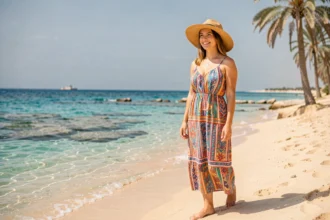Femme en robe de plage sur le bord de mer à Hurghada en Égypte en août